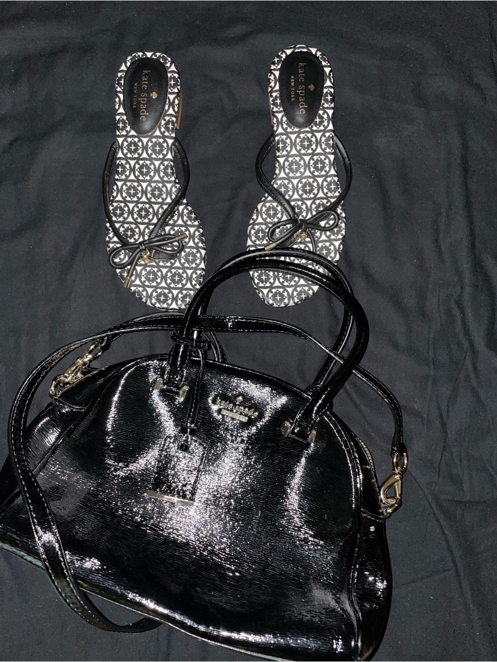Kate Spade Black Patent Leather Satchel & Matching Black Flip Flops Size 6